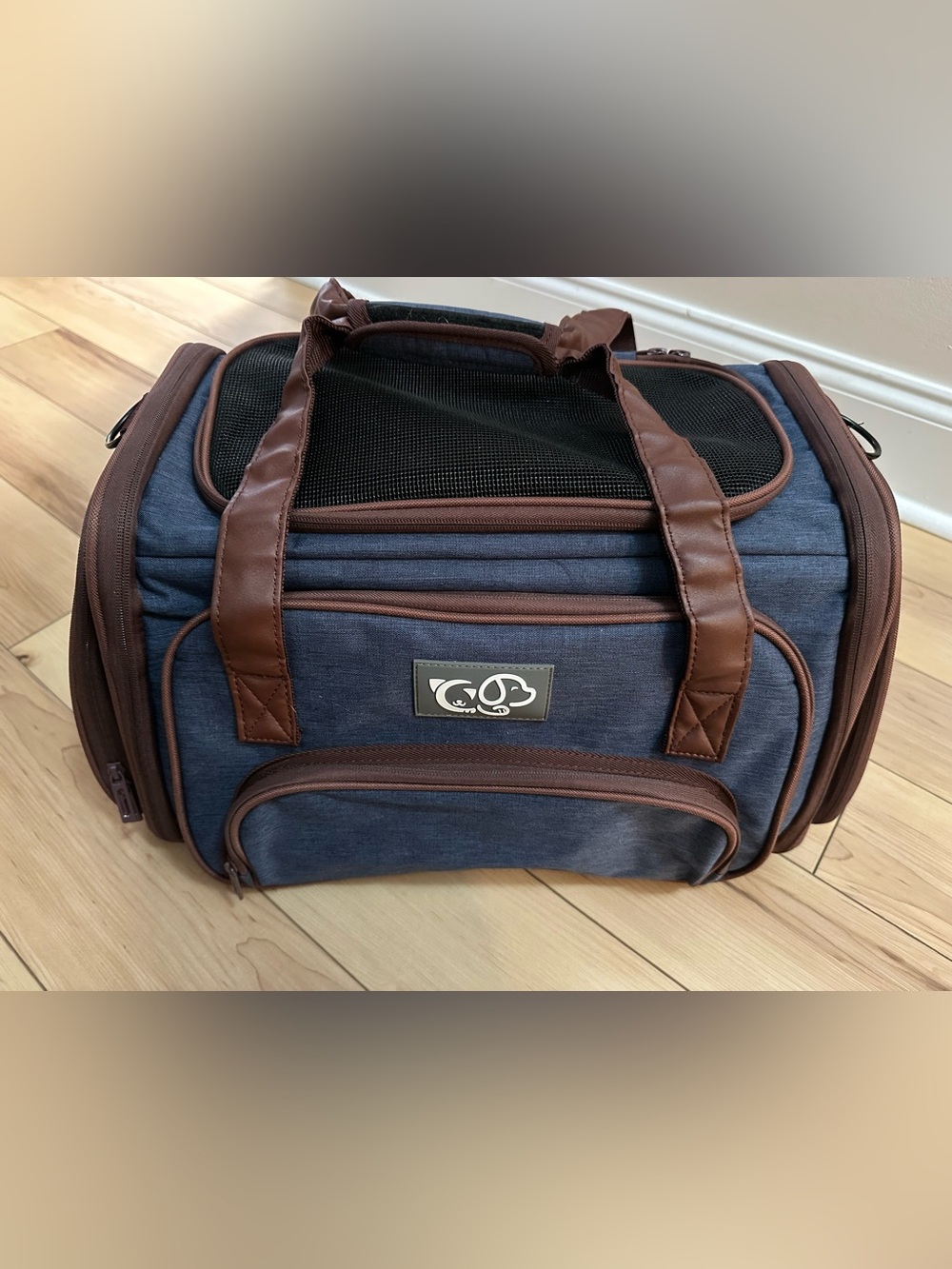 Classic Navy and Brown Soft-Sided Pet Carrier - Travel Tote